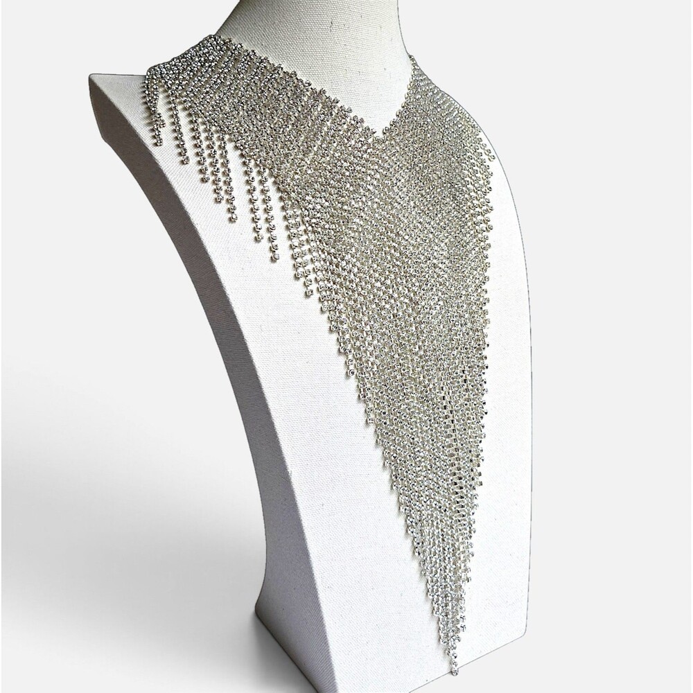 Natasha Couture Rhinestone Mesh Waterfall Fringe Necklace Silver Tone 20" to 25"